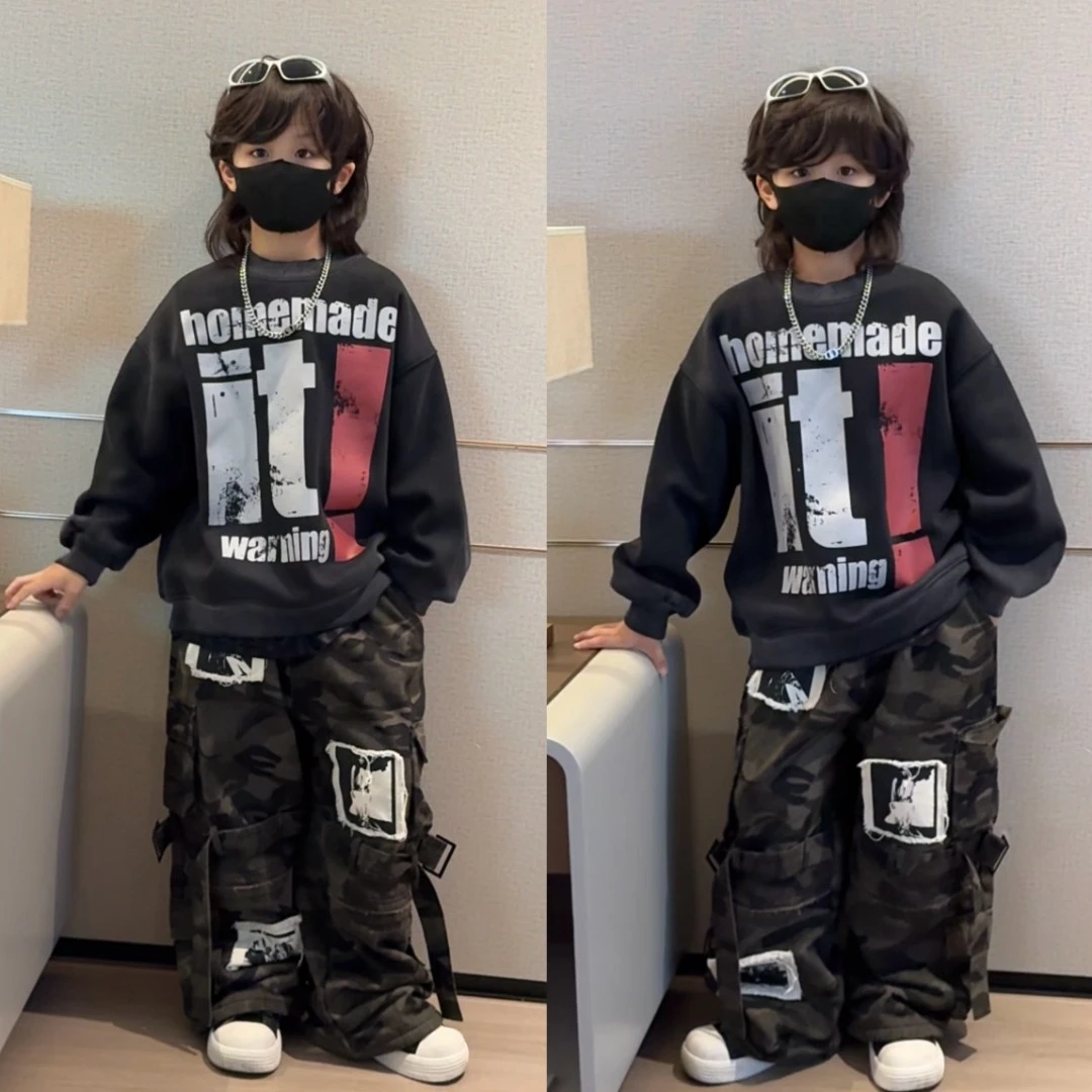 乐乐家儿童冬款加绒美式潮酷冰球服宽松嘻哈长袖卫衣一体绒