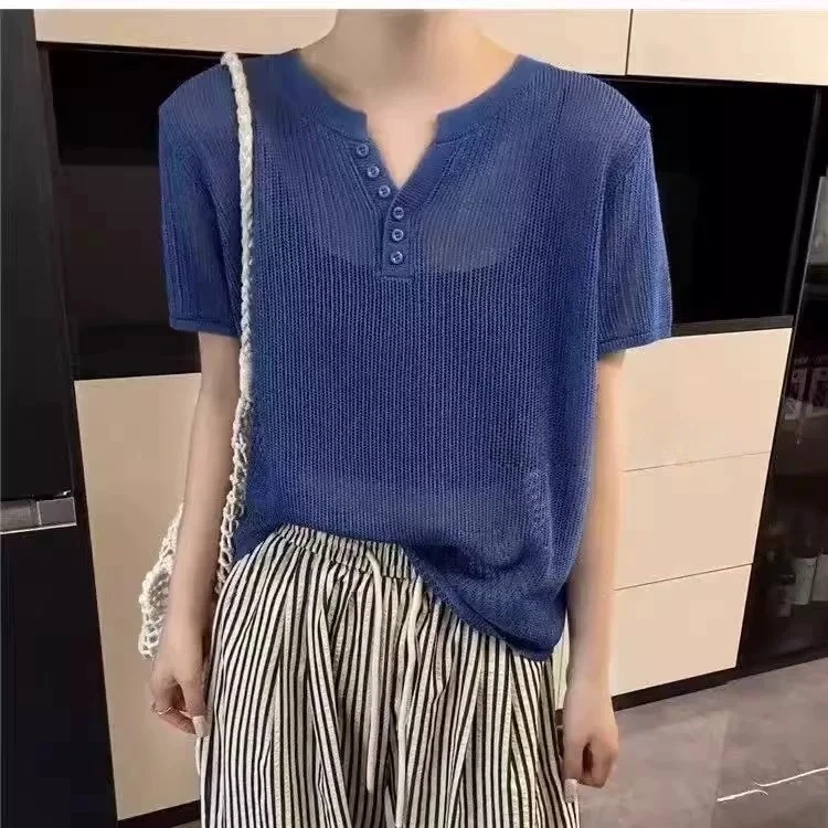 LB剪刀领扣子夏季和纸纱宽松冰感针织上衣