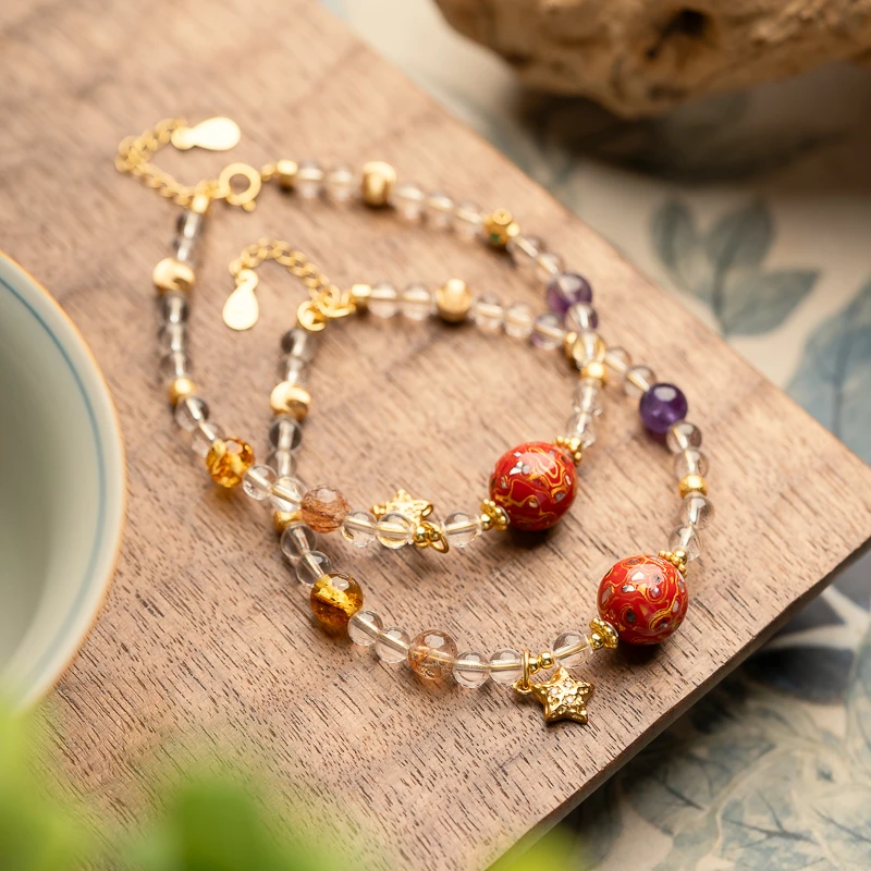 白水晶4mm琥珀花珀单圈手串大漆珠非遗工艺百搭多样性发其一