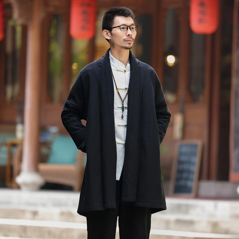 春秋中国风男装中长款披风外套男士唐装汉服加绒加厚中式棉麻上衣