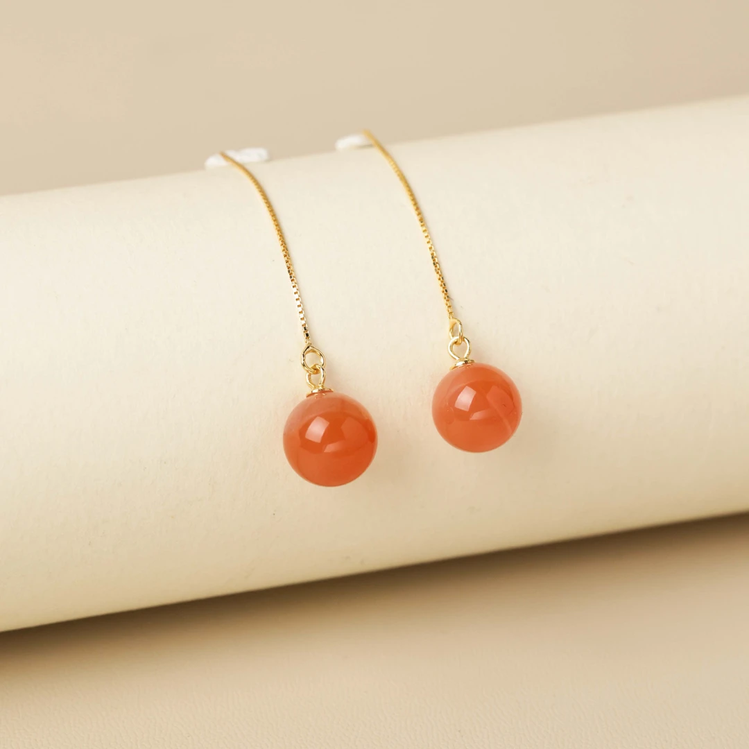 [玉福珠宝]s925银南红樱桃红川料圆珠耳线-R1708-冰