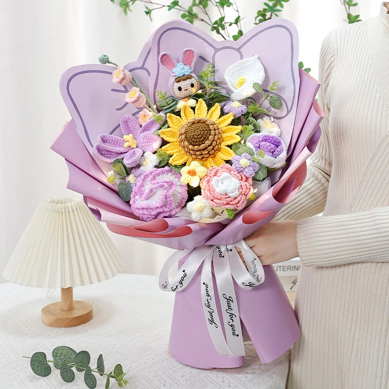 仿真玫瑰向日葵混搭花束可爱兔子毛线花成品仪式感生日礼物送女生