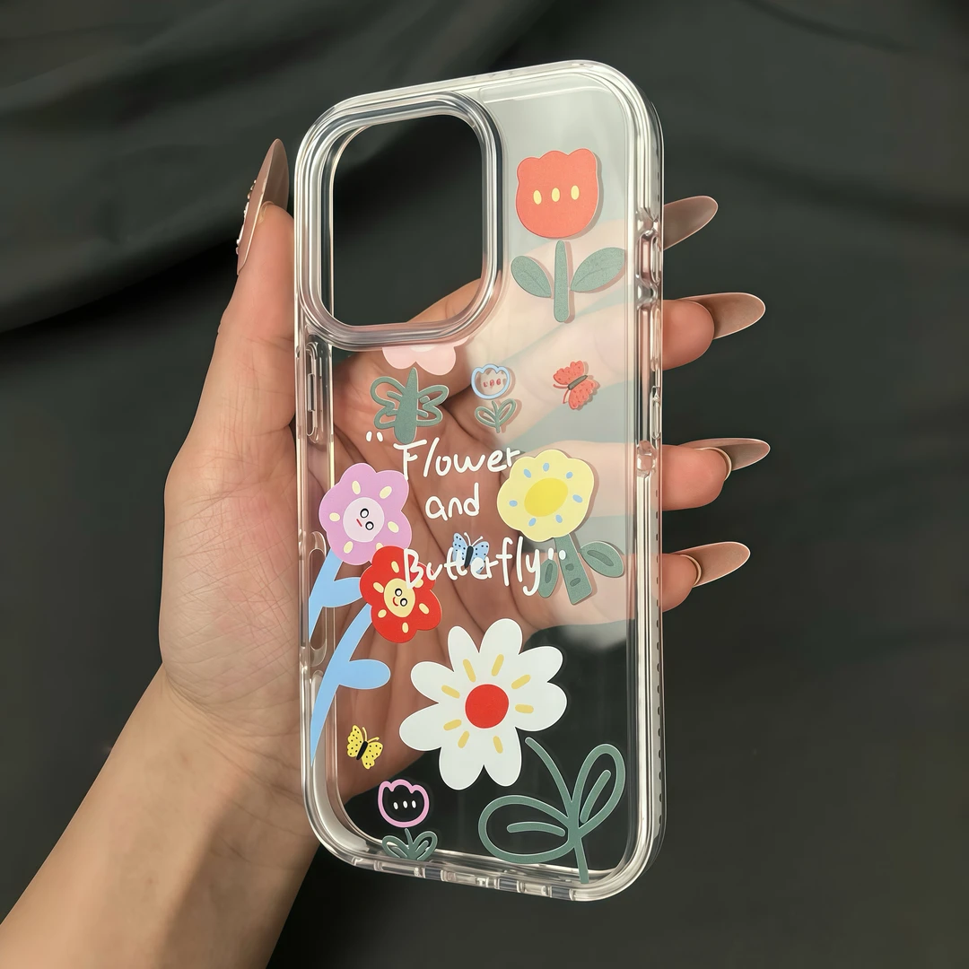 ins风春夏蝴蝶花朵适用于苹果14手机壳iPhone15透明11大孔13软