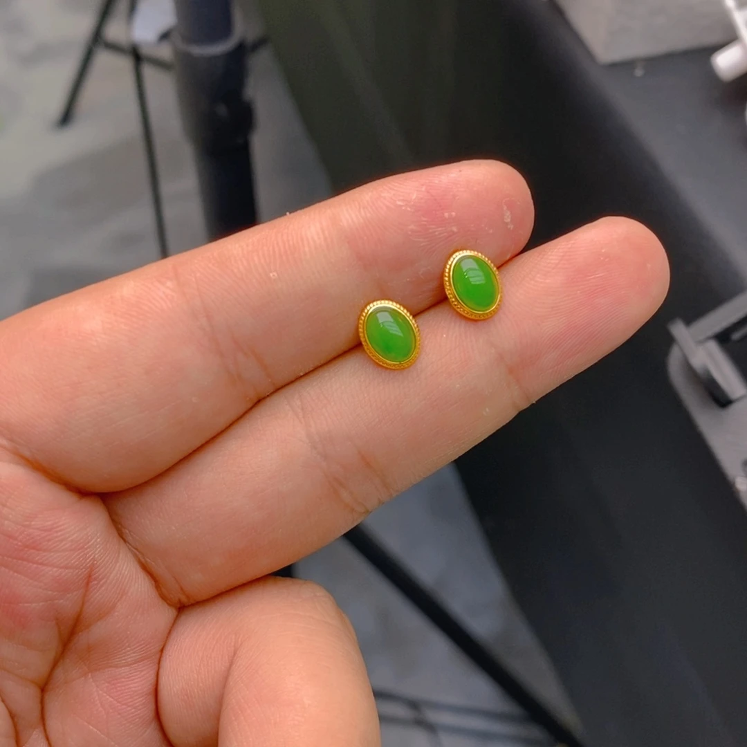 和田玉（碧玉）耳饰银S925镀金镶嵌