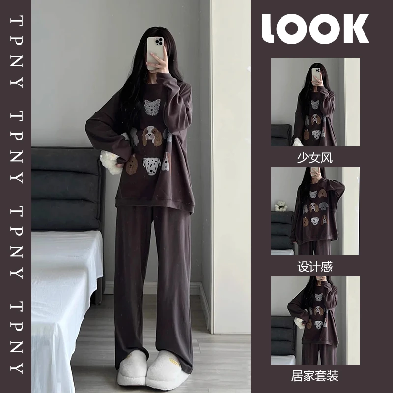 可爱小狗印花德绒睡衣女秋冬2024年新款大码长袖家居服套装可外穿