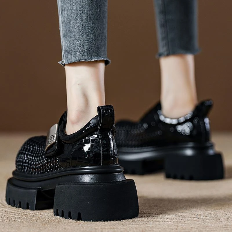 黑色乐福鞋女夏季浅口单鞋2025新款懒人一脚蹬女鞋魔术贴编织厚底