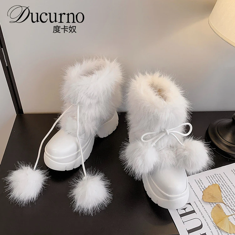 DUCURNO韩版时尚毛毛雪地靴女加绒保暖棉鞋小个子增高厚底马丁靴