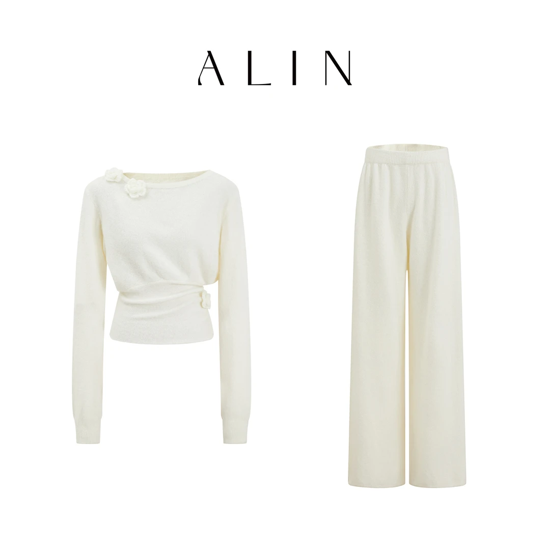 阿琳ALIN【山间棠】秋季气质套头毛衣休闲阔腿裤针织套装女AL5GZZ20