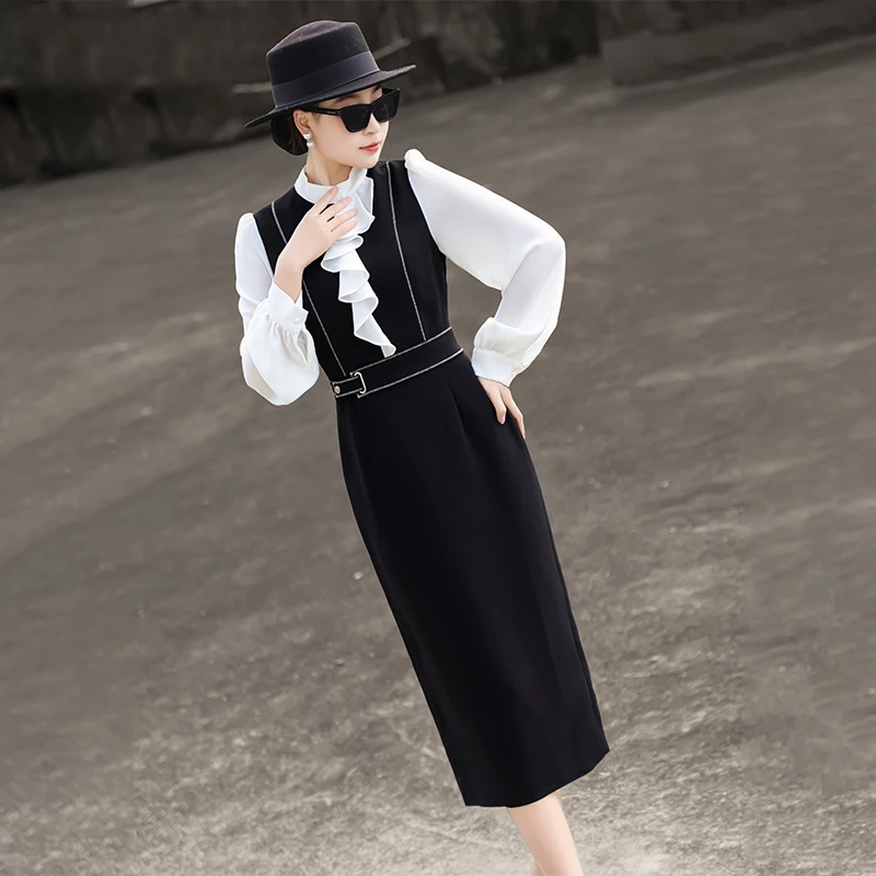 MEXCOCO/兰瑟儿春季新款气质通勤荷叶边修身包臀连衣裙女M5CL9336