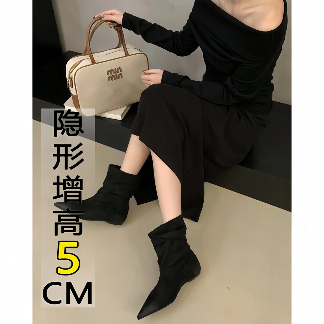 2025新款内增高瘦瘦靴气质尖头秋冬休闲风短靴套筒韩版细跟女