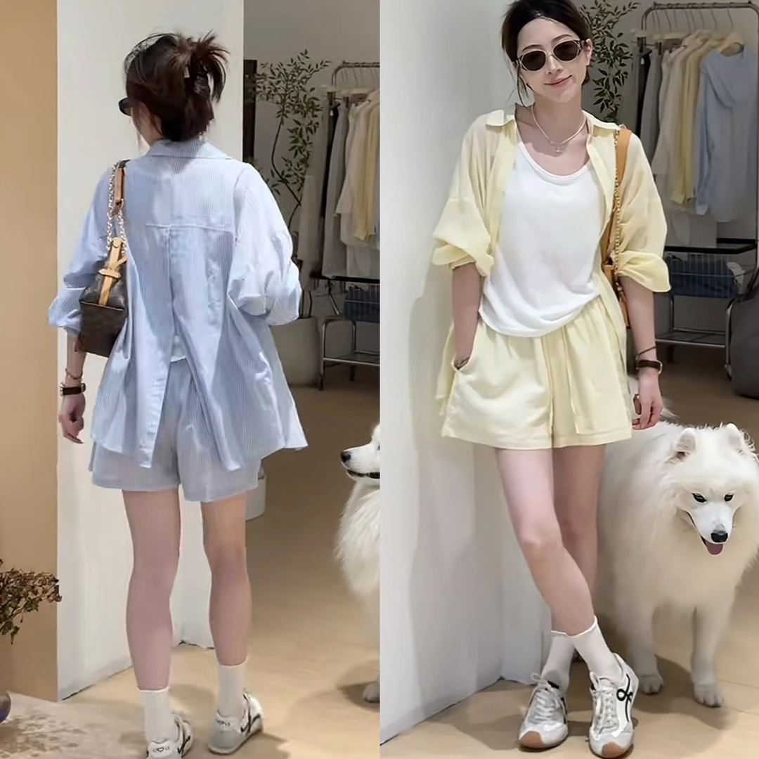 夏季爆款韩系慵懒风三件套女装防晒长袖衬衫背心短裤休闲运动套装