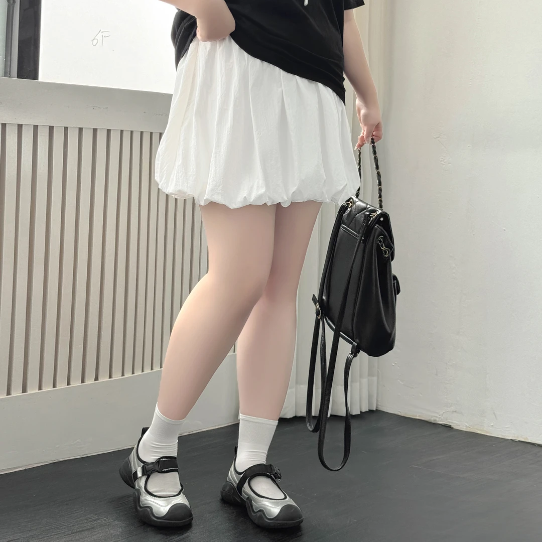 DX7766大码女装【皎月花间】白色a字花苞半裙夏季新款胖mm高腰短裙