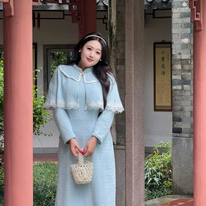 51918胖MM新中式高级感国风富家千金披肩旗袍连衣裙套装