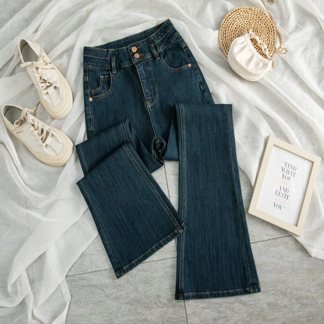 海墨蓝完美弹双排扣高腰微喇牛仔裤百搭显瘦喇叭裤