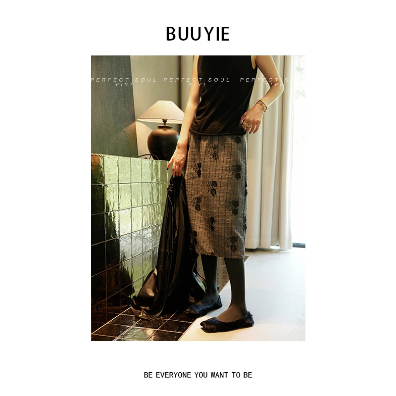 BUUYIE 25SS【墨黛】秋季新款复古碎花中长款半身裙 250906