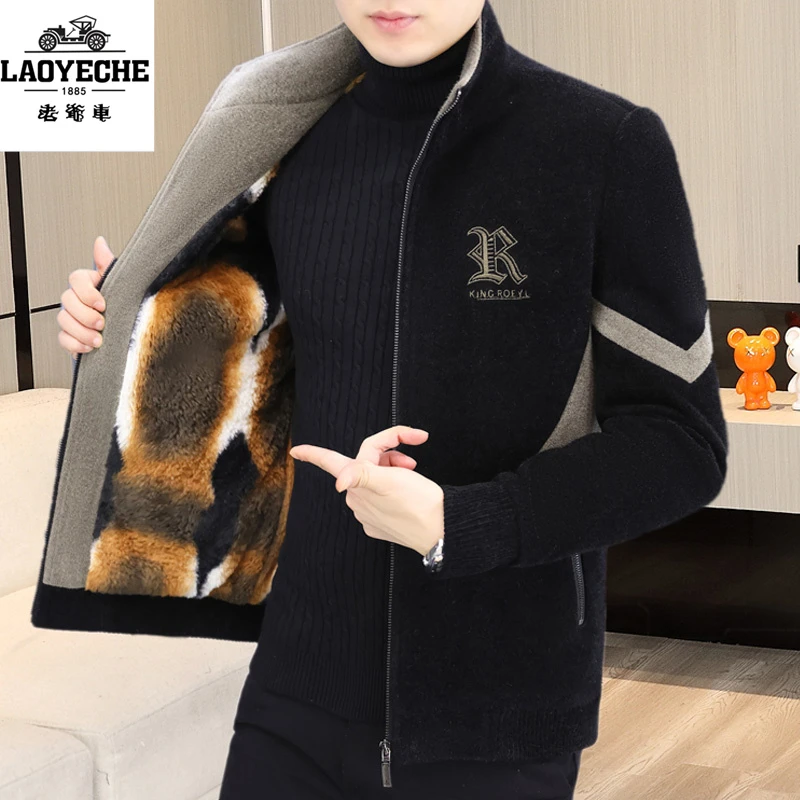 老爷车男士冬季新款夹克立领休闲加绒加厚短款水貂绒毛呢大衣外套