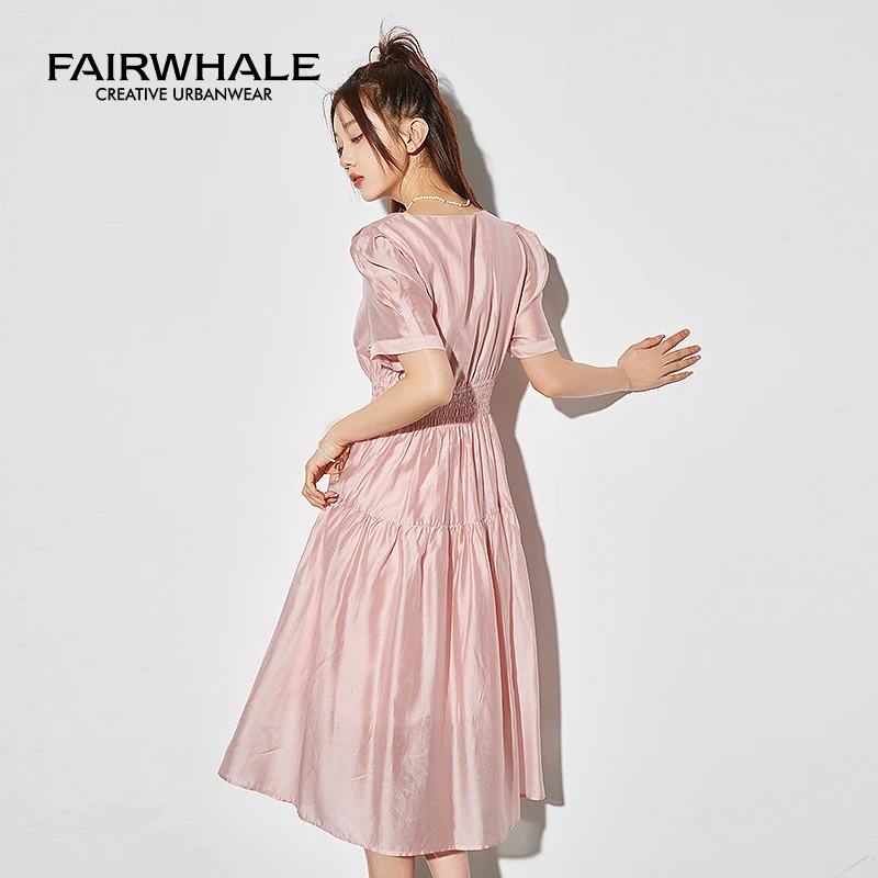 马克华菲时尚百搭V领纯色泡泡袖褶皱连衣裙夏季复古显瘦收腰长裙