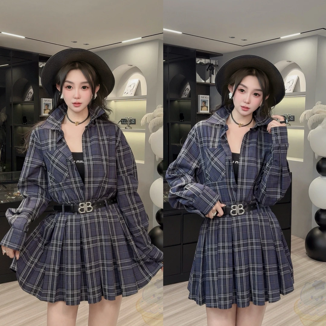 欧洲站2025夏季新款欧货时尚休闲百搭显瘦格子款气质优雅衬衫裙子