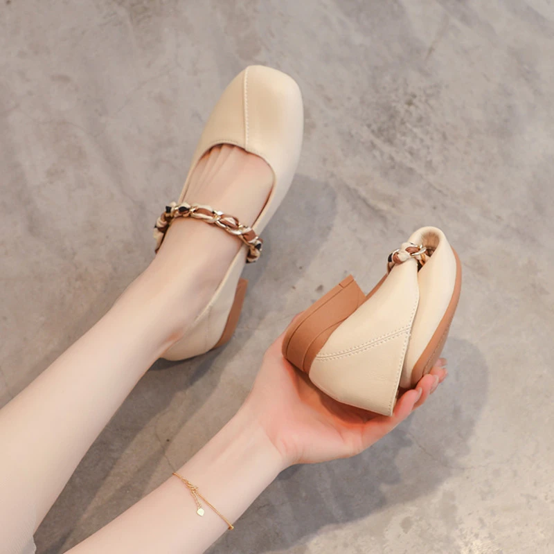 真皮法式玛丽珍鞋女2025夏新款浅口小跟单鞋平底配裙子软底豆豆鞋