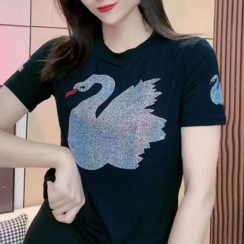 短袖白天鹅女士t恤时尚烫钻女装气质半袖大码显瘦圆领洋气夏季