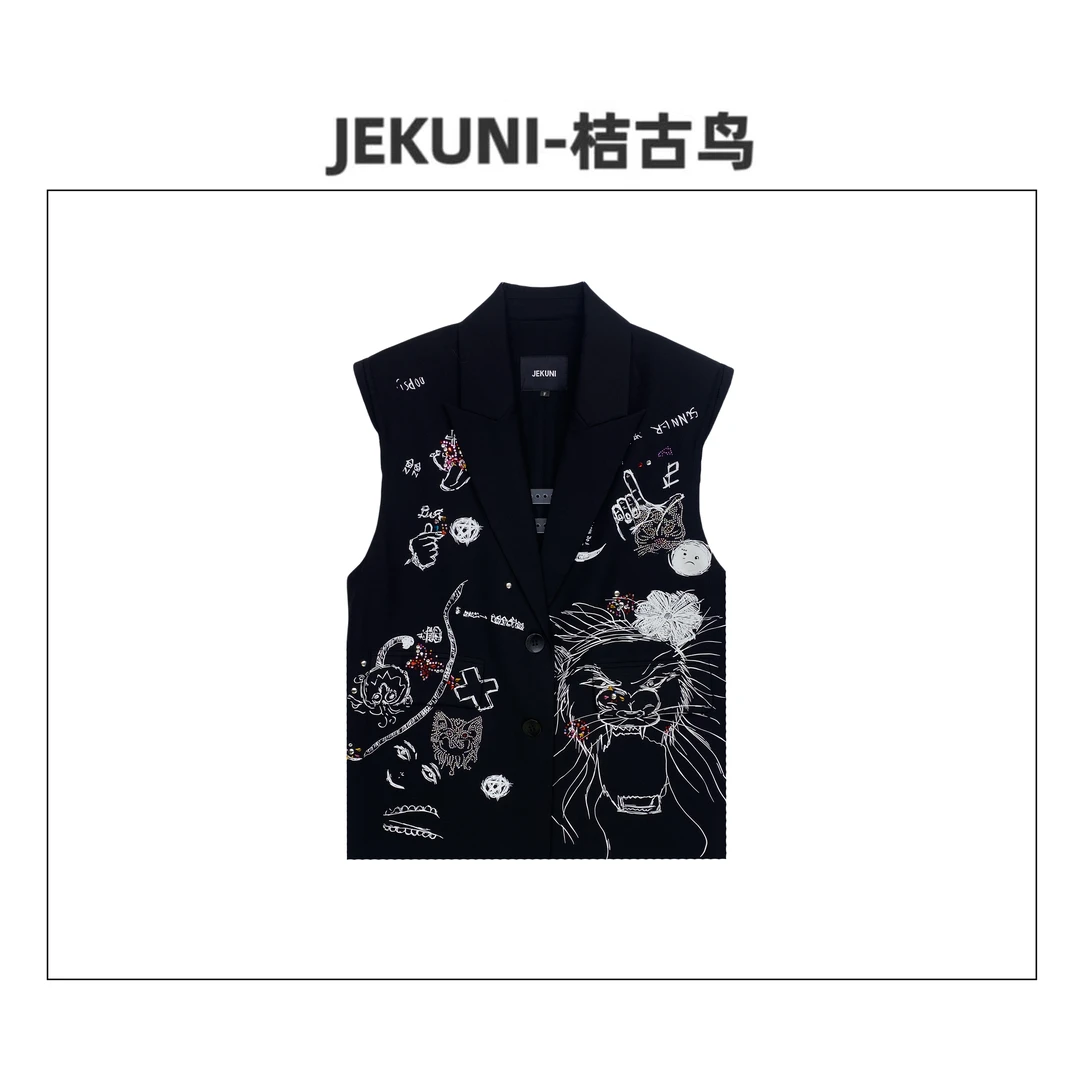 JEKUNI/桔古鸟【巴黎女人】轻奢高级西装女细闪烫钻图文马夹外套