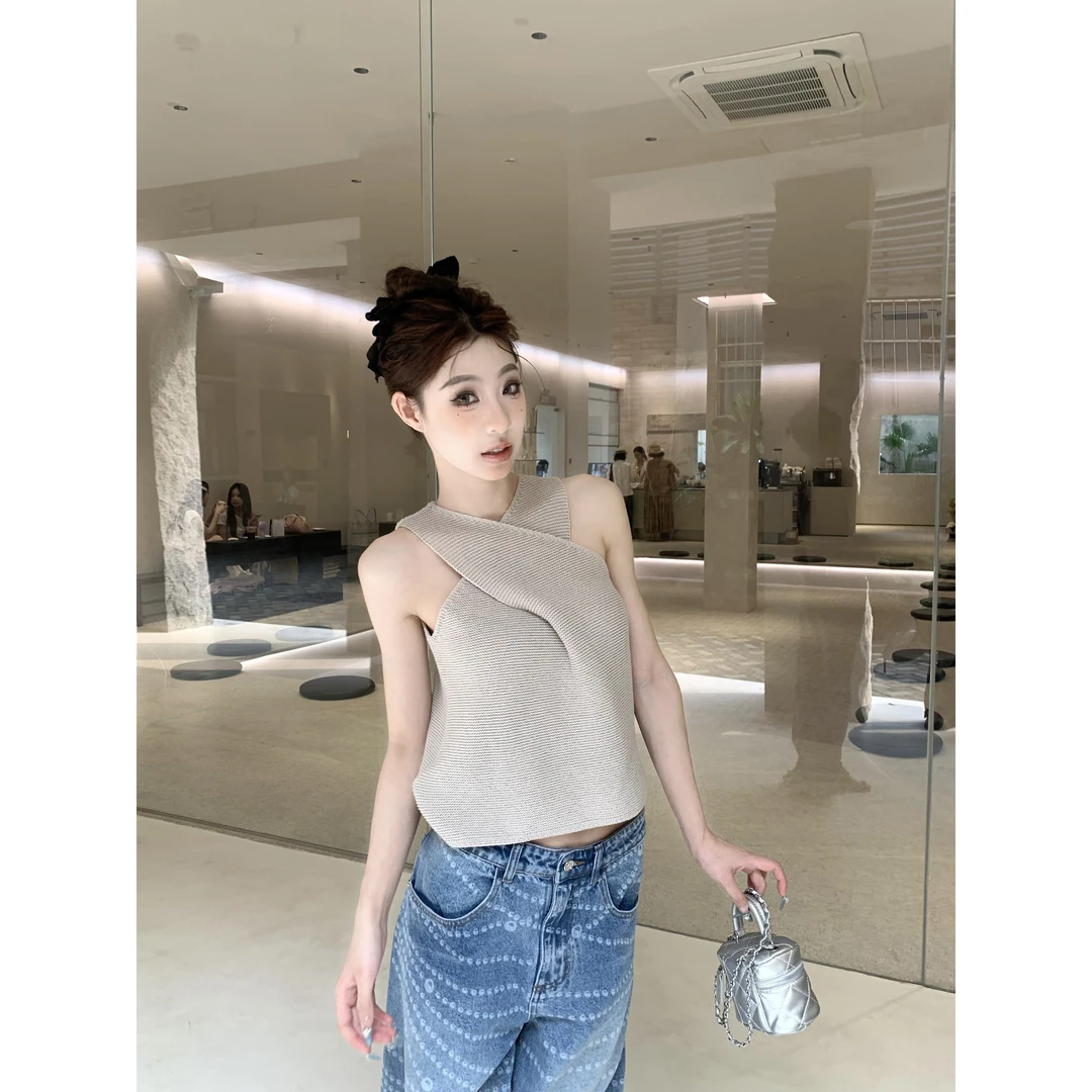 桃 前后两穿纯色交叉挂脖无袖针织背心设计感小众优雅气质上衣