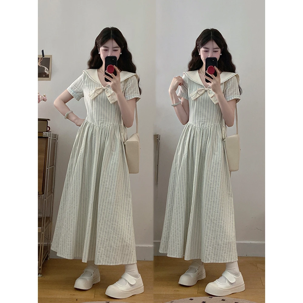 大码女装法式学院风蓝色条纹短袖连衣裙