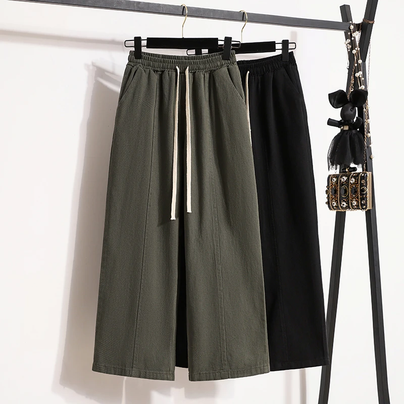 2025春秋大码女装胖mm宽松显瘦抽绳松紧腰全棉直筒运动百搭阔腿裤