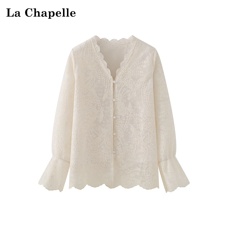 拉夏贝尔杏色温柔浪漫法式气质蕾丝花边珍珠扣小衫女设计感衬衫夏