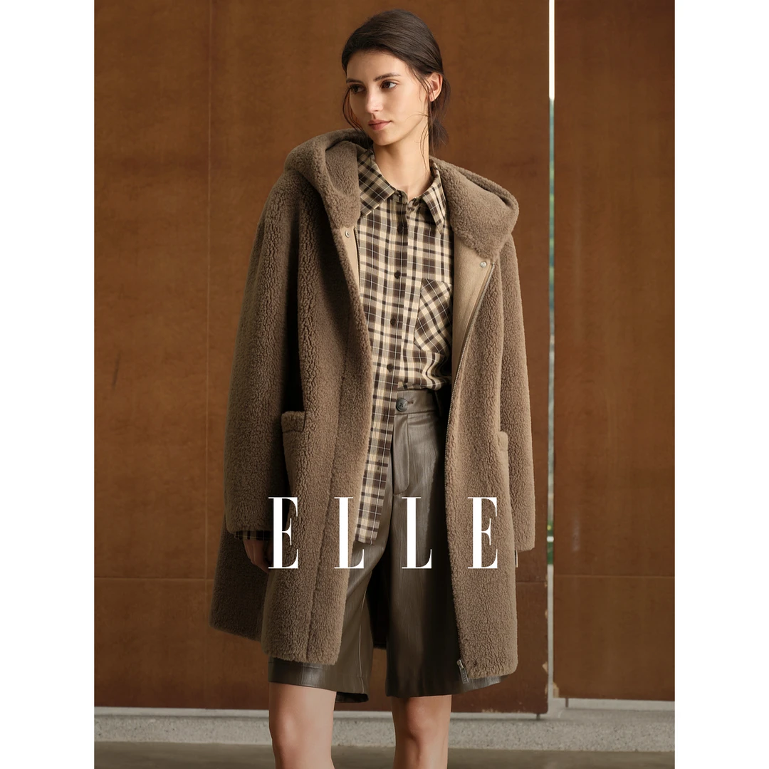 ELLE女装复古连帽中长款毛绒外套2025冬季新款宽松上衣EF53013
