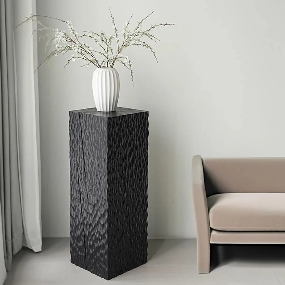 侘寂风黑色实木方墩客厅玄关电视柜旁高级感艺术装饰品卧室花瓶