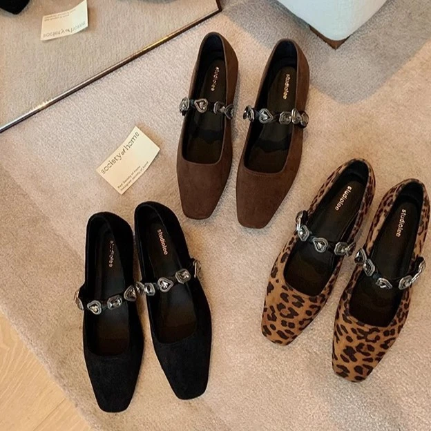 春夏新款平跟气质小方头豹纹韩系钻带浅口玛丽珍单鞋女时尚ol女鞋