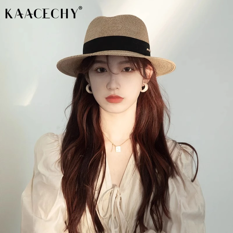 KAACECHY法式复古草编帽女夏季防晒度假英伦礼帽遮阳海边沙滩帽