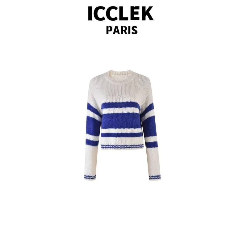 ICCLEK 白色撞色条纹圆领长袖针织衫-5070
