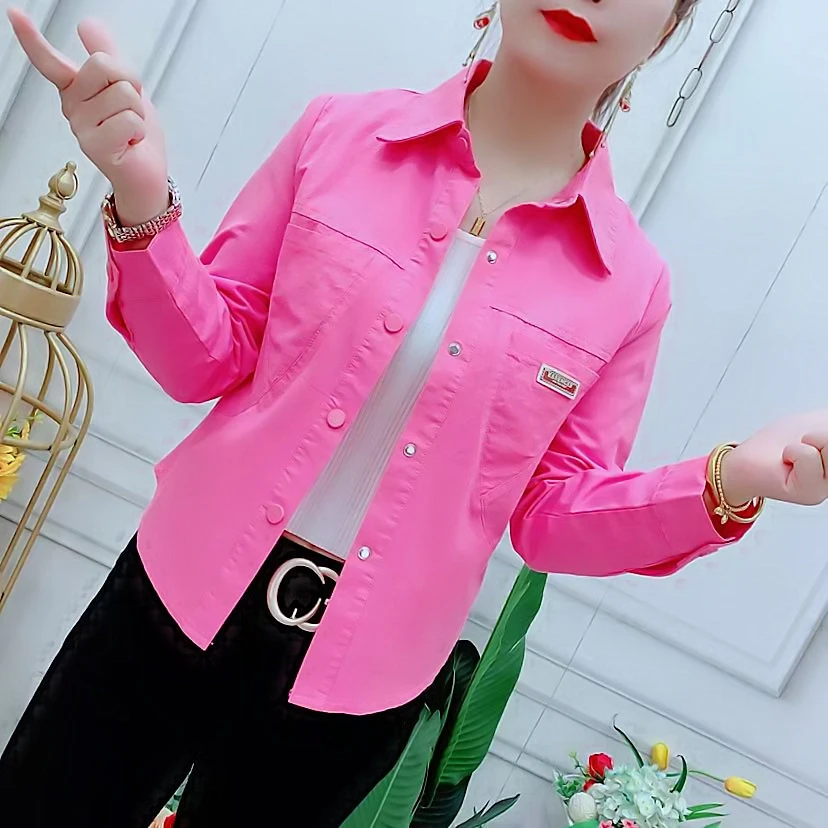 春秋韩版新款时尚百搭显瘦纯色长袖衬衫女洋气减龄小个子短款上衣
