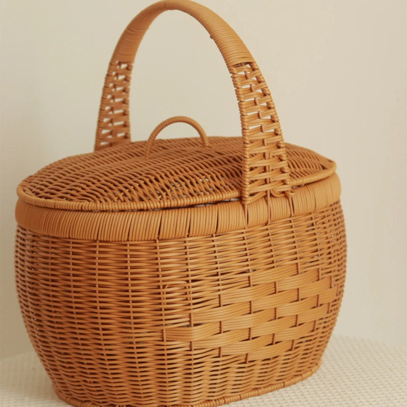 手提菜篮带盖有盖拜祖宗篮子手工仿藤编织水果购物提篮鸡蛋篮TTT