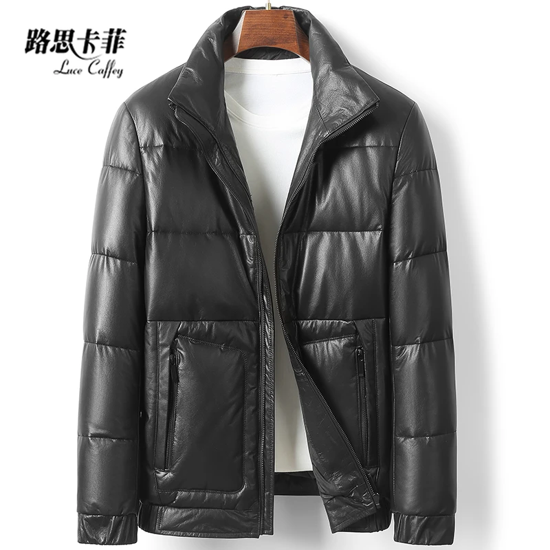 【路思卡菲】男士立领真皮牛皮鹅绒羽绒服海宁厚款皮衣商务2609