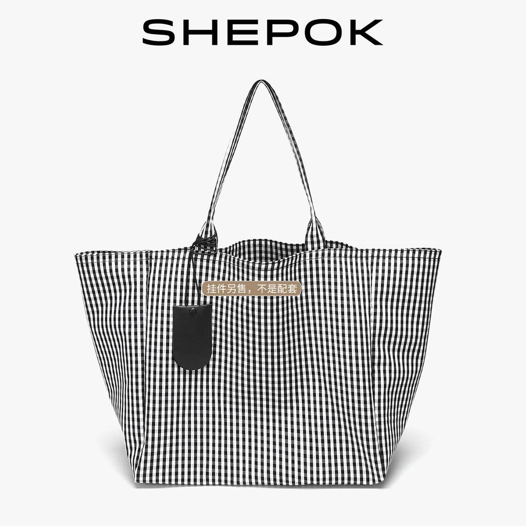 SHEPOK西泊克格子包大容量女小众格纹通勤托特包慵懒休闲单肩包