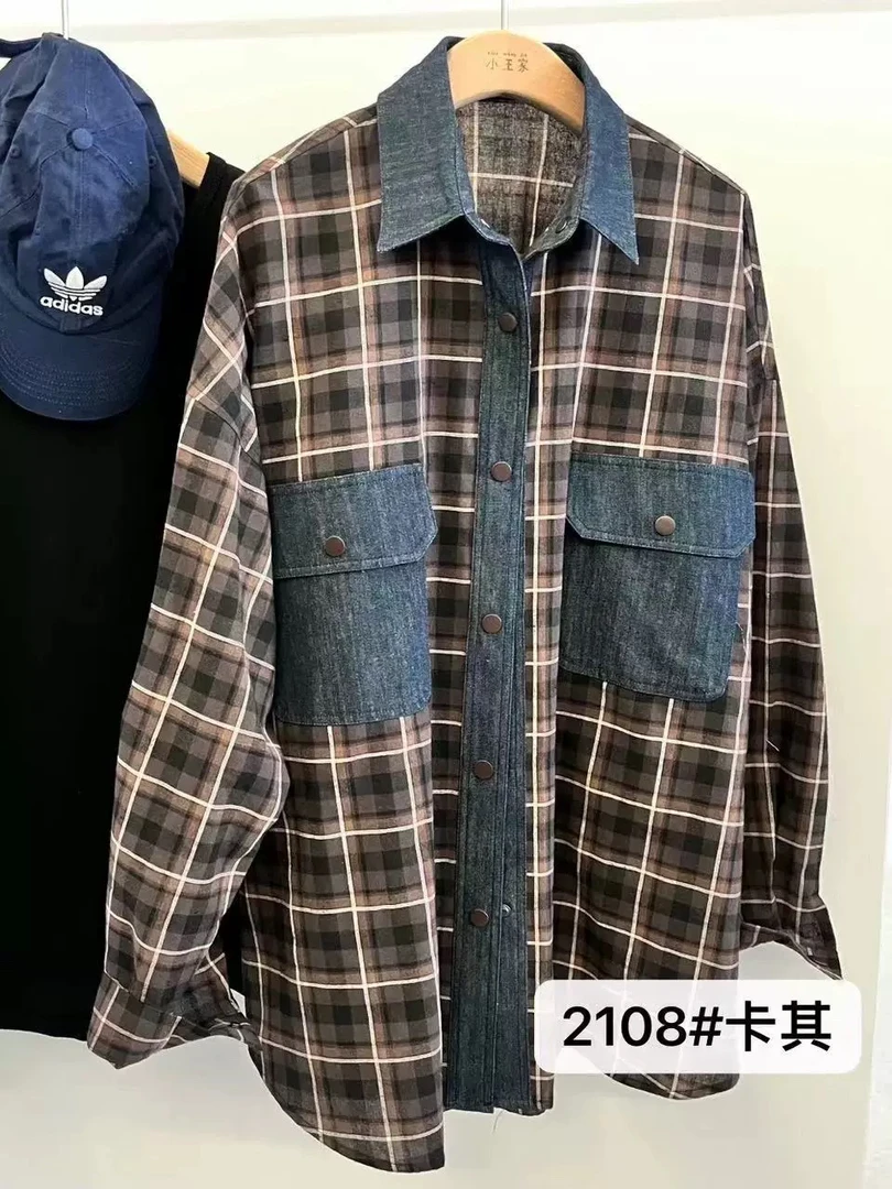 春秋款复古简约日系风格牛仔拼接格子工装衬衫