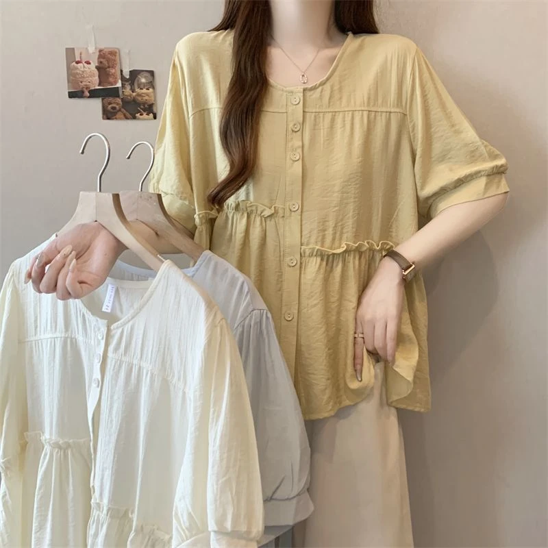 夏季宽松纯色百搭短袖圆领娃娃衫衬衫设计感减龄大码遮肉法式甜美