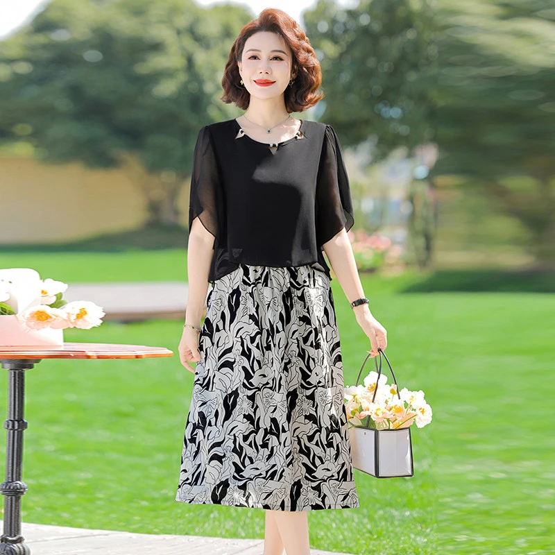 中年妈妈夏装连衣裙洋气50岁岁阔太太雪纺裙子中老年女夏季减龄长