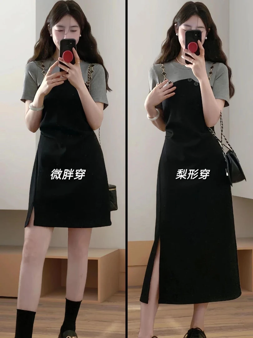 假两件收腰连衣裙女夏季新款微胖mm大码拼接设计感收腰显瘦小黑裙