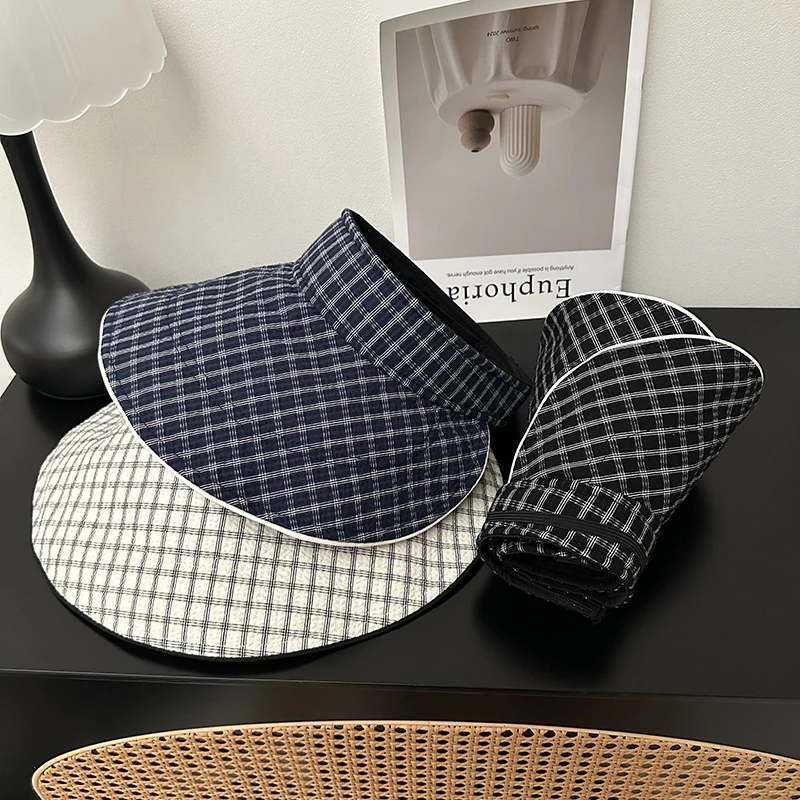 culv新款藏青格子大檐防紫外线渔夫帽女夏季户外显脸小空顶遮阳帽