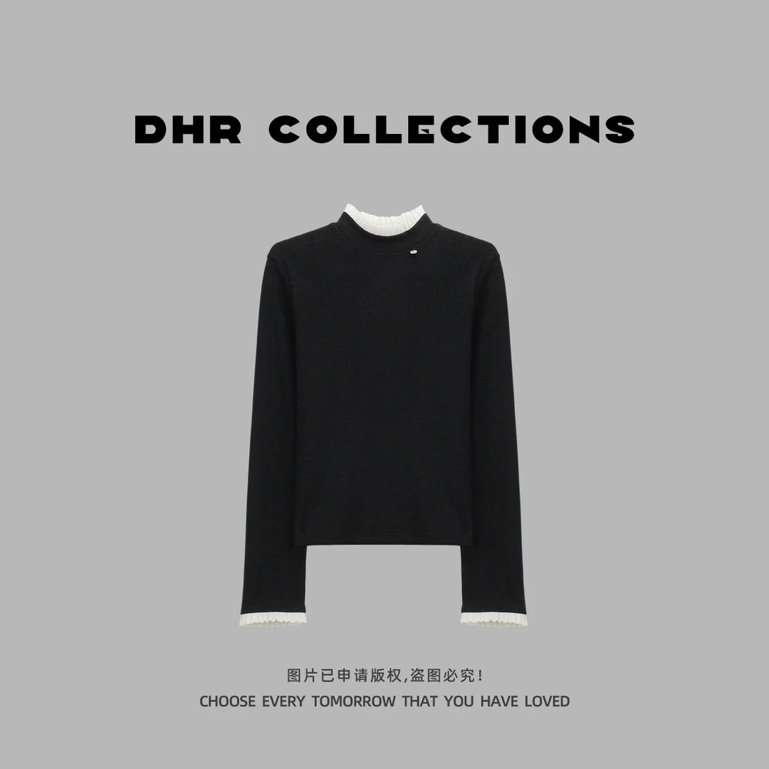 豆豆9【花边蚕丝发热绒】加厚软糯亲肤拼接打底衫长袖T恤-25DD119