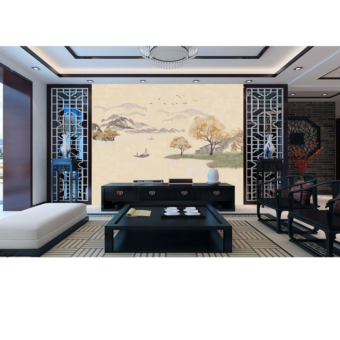 新中式刺绣工艺简约黄色山水系列意境山水刺绣壁画墙布尺寸定制