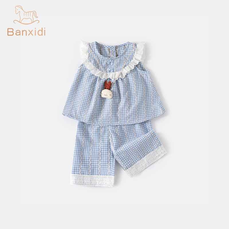 班喜迪女童夏装套装新款洋气女宝宝无袖上衣儿童七分裤夏季两件套