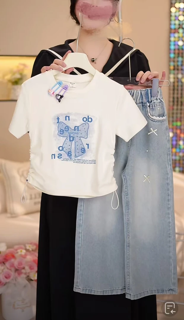 2025新款夏季洋气女童刺绣蝴蝶结辣妹T+蝴蝶结牛仔裤套装A25821