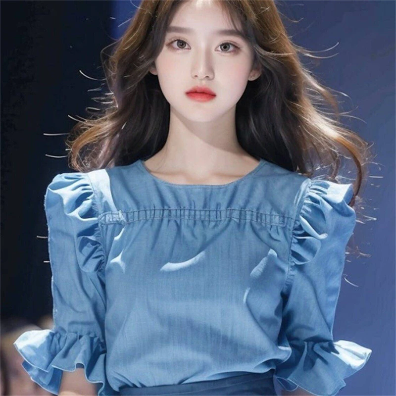 圆领泡泡袖蓝色上衣  JYFMYY2024 040204