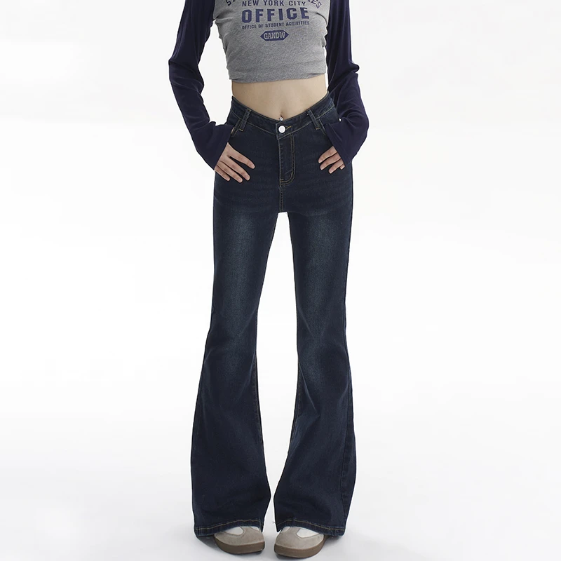 裤长110cm 美式辣妹V腰微喇叭牛仔裤女秋冬加绒ins紧身提臀显瘦裤
