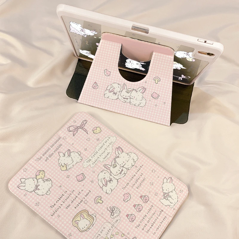 【三折旋转亚克力】粉吐司小兔苹果ipad11平板保护套air7华为小米硬